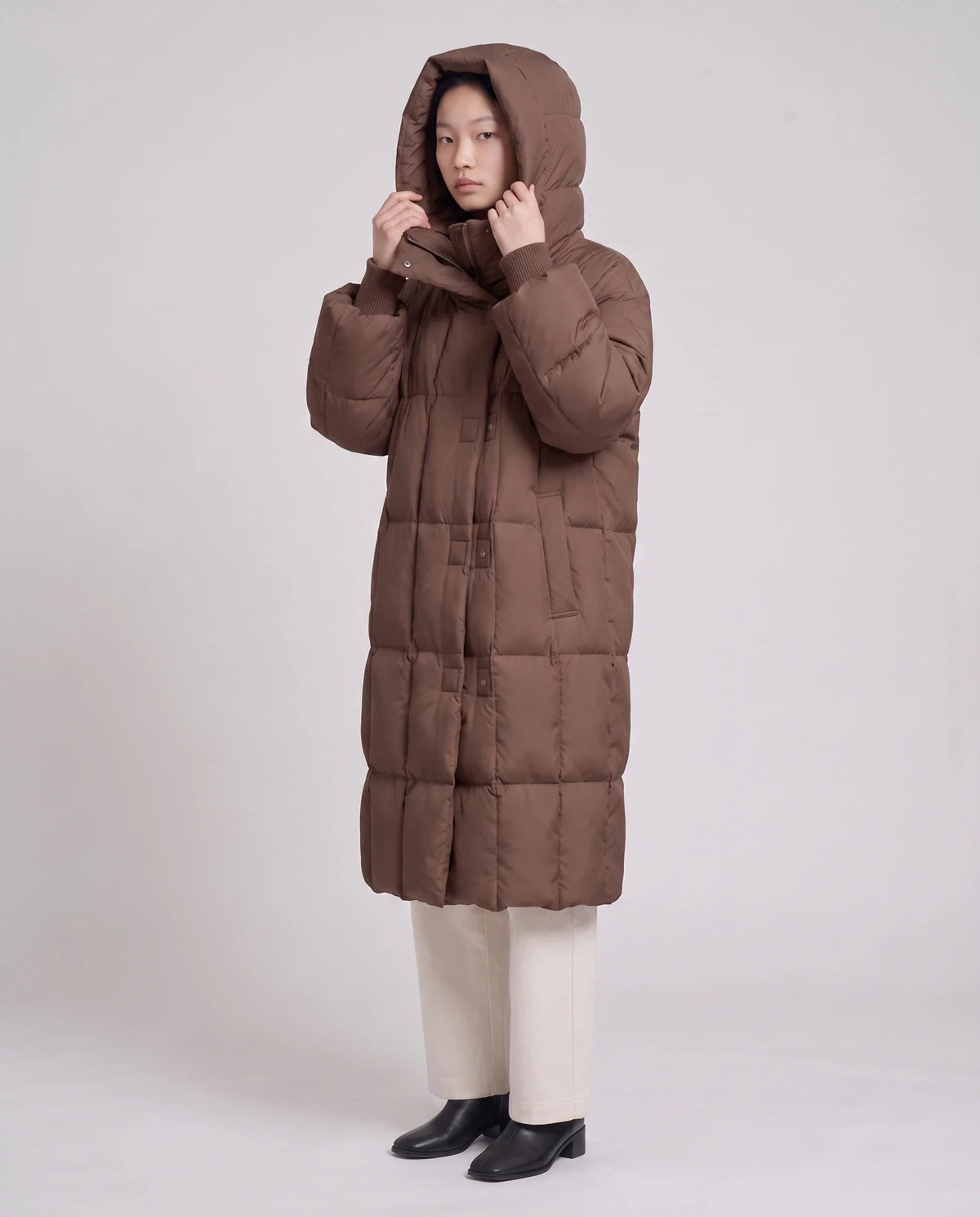 Doudoune longue oversize à col-capuche zippé