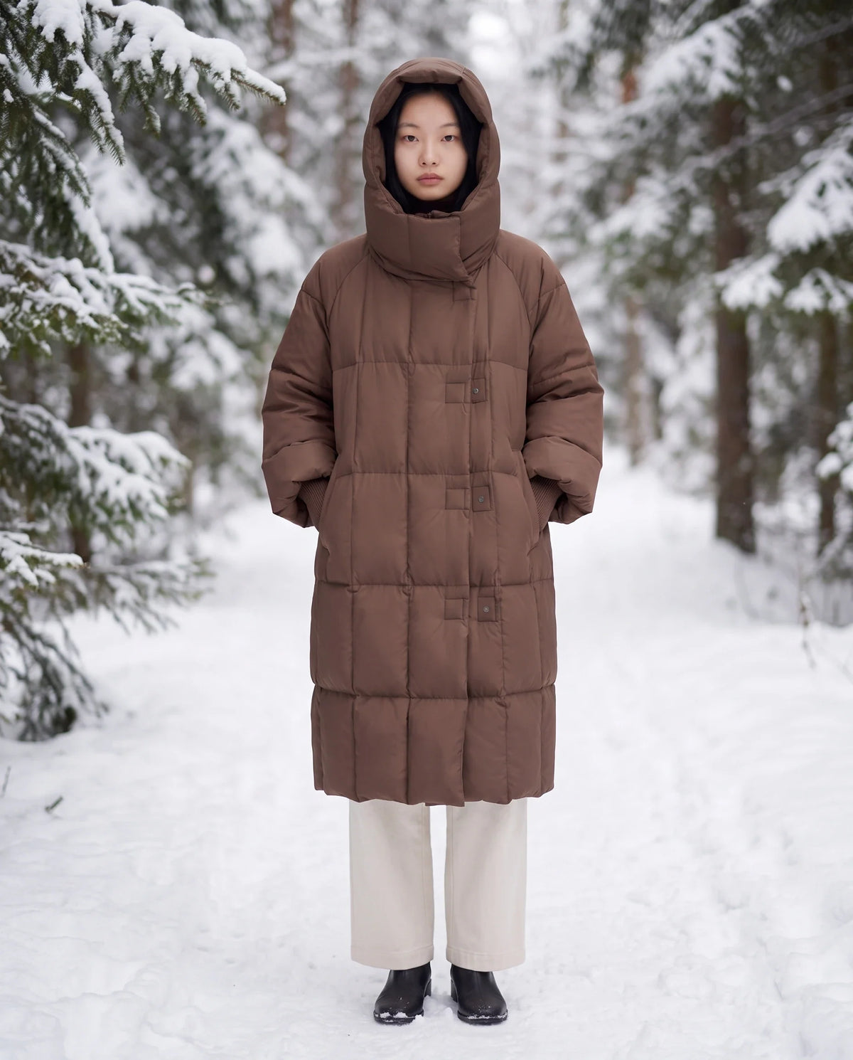 Doudoune longue oversize à col-capuche zippé