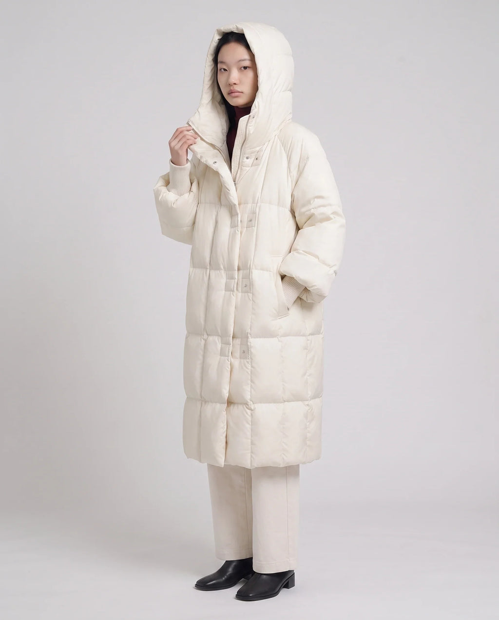 Doudoune longue oversize à col-capuche zippé