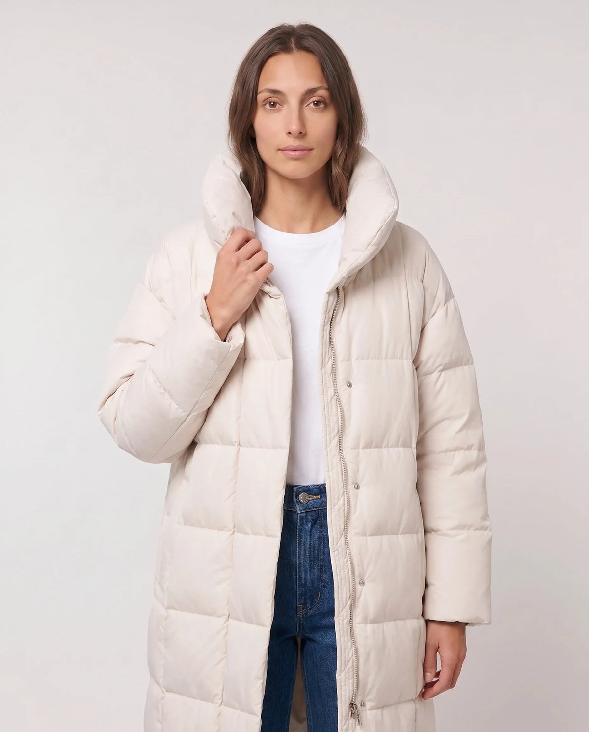 Doudoune longue oversize sans capuche à col cheminée