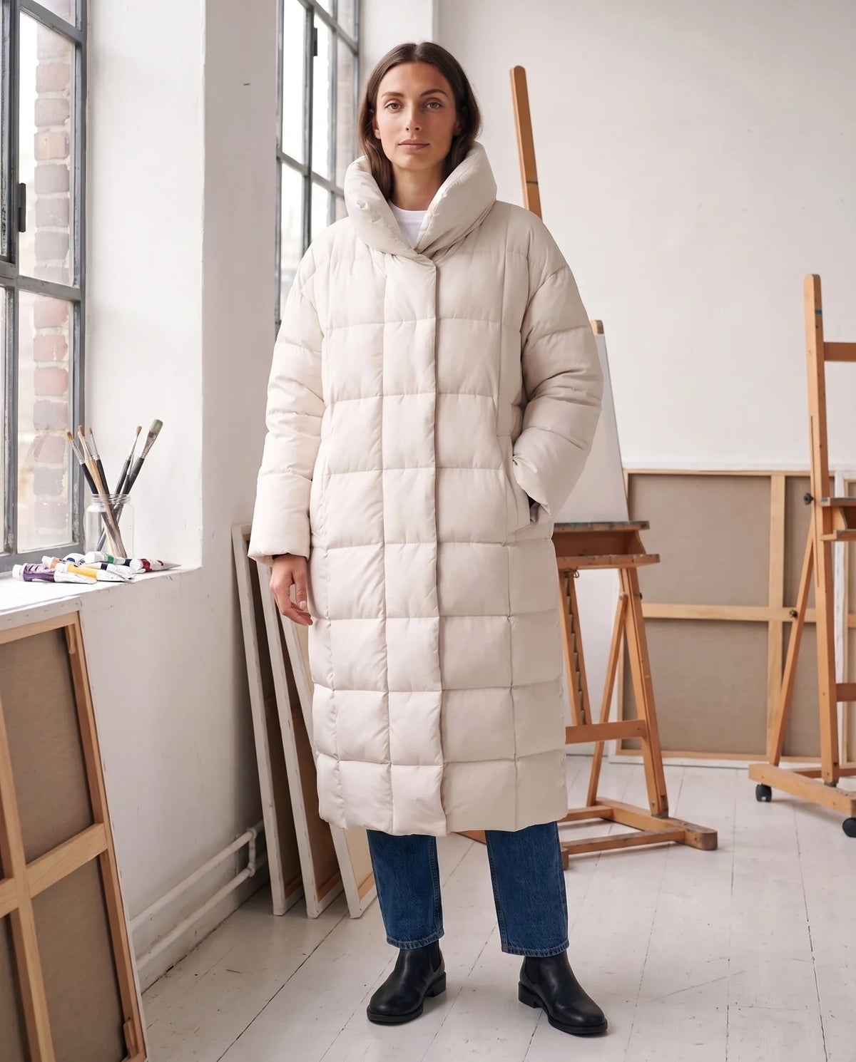 Doudoune longue oversize sans capuche à col cheminée