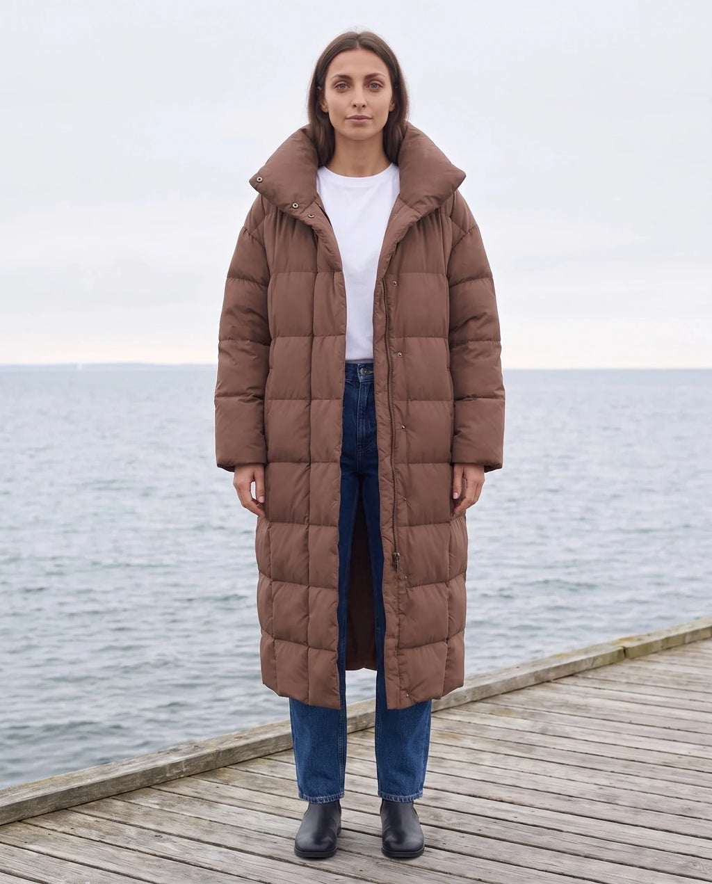 Doudoune longue oversize sans capuche à col cheminée