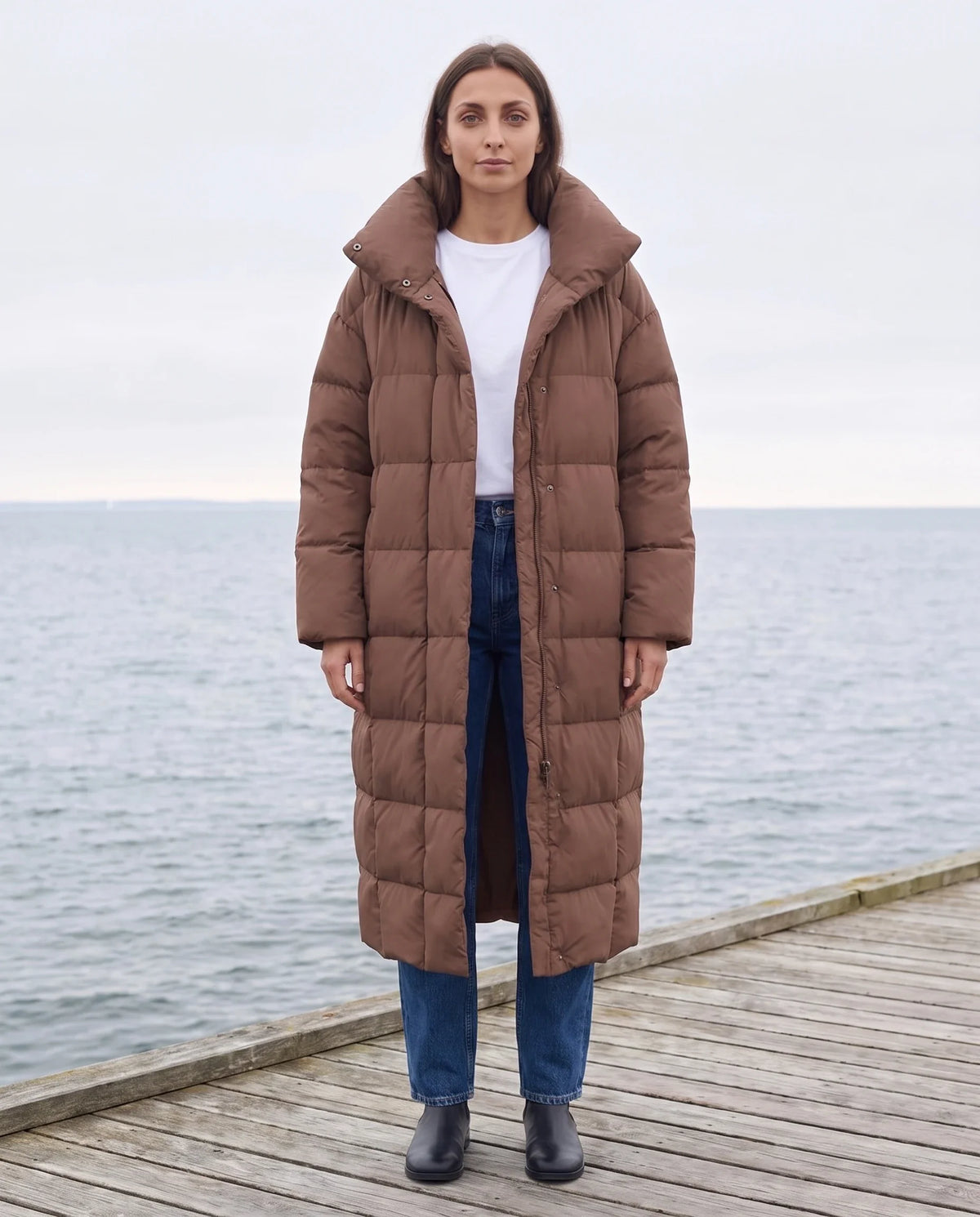 Doudoune longue oversize sans capuche à col cheminée