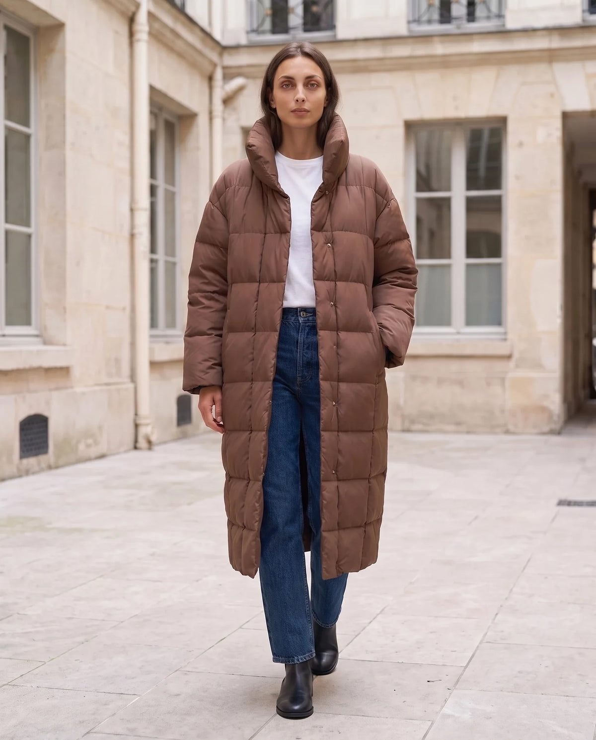 Doudoune longue oversize sans capuche à col cheminée