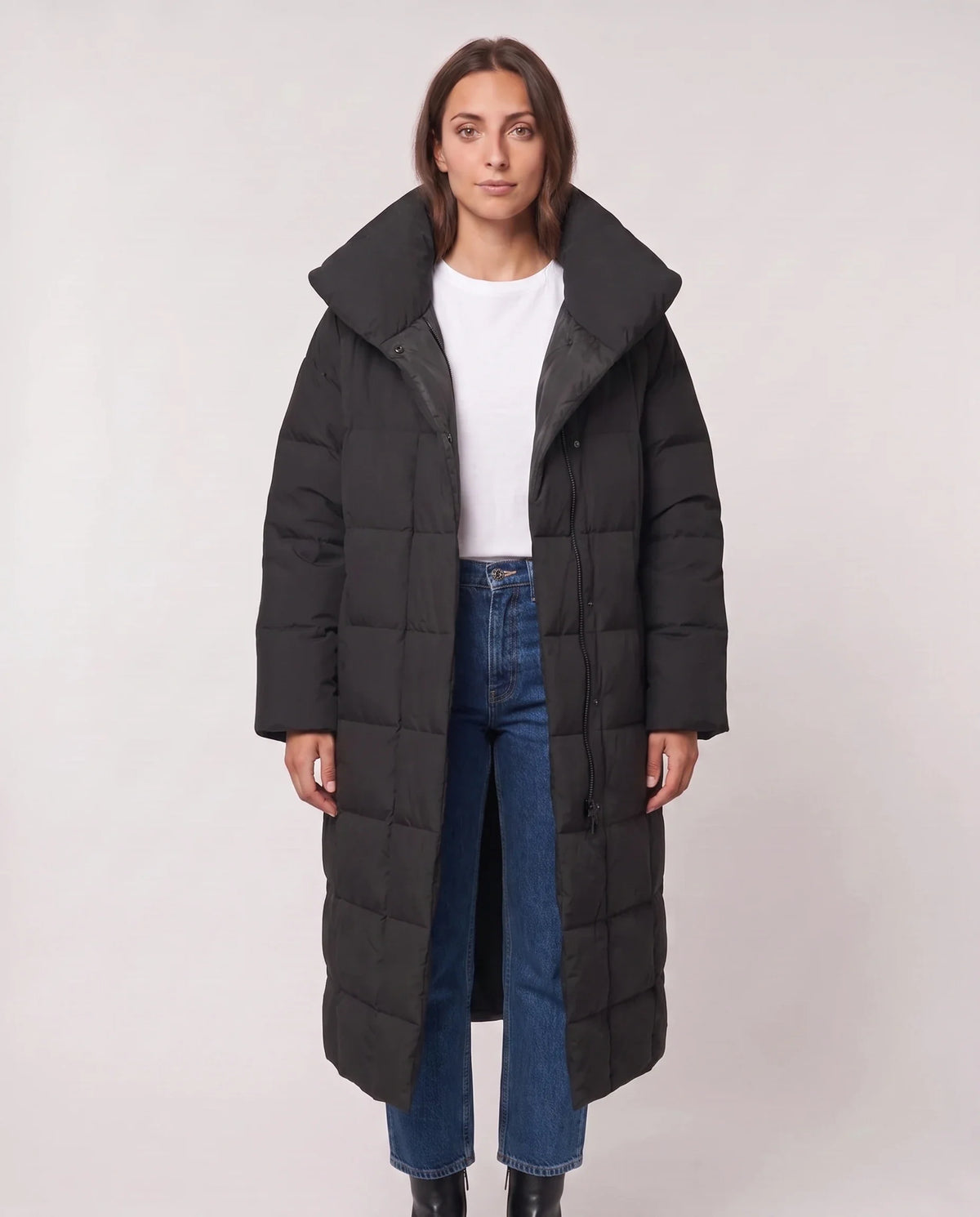 Doudoune longue oversize sans capuche à col cheminée
