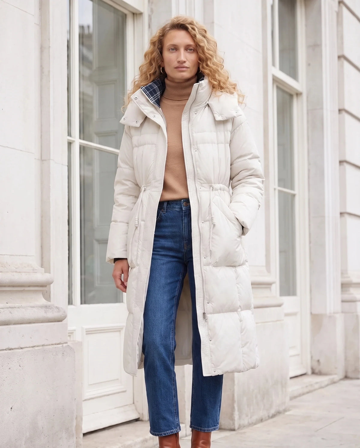 Doudoune longue à taille élastiquée et capuche