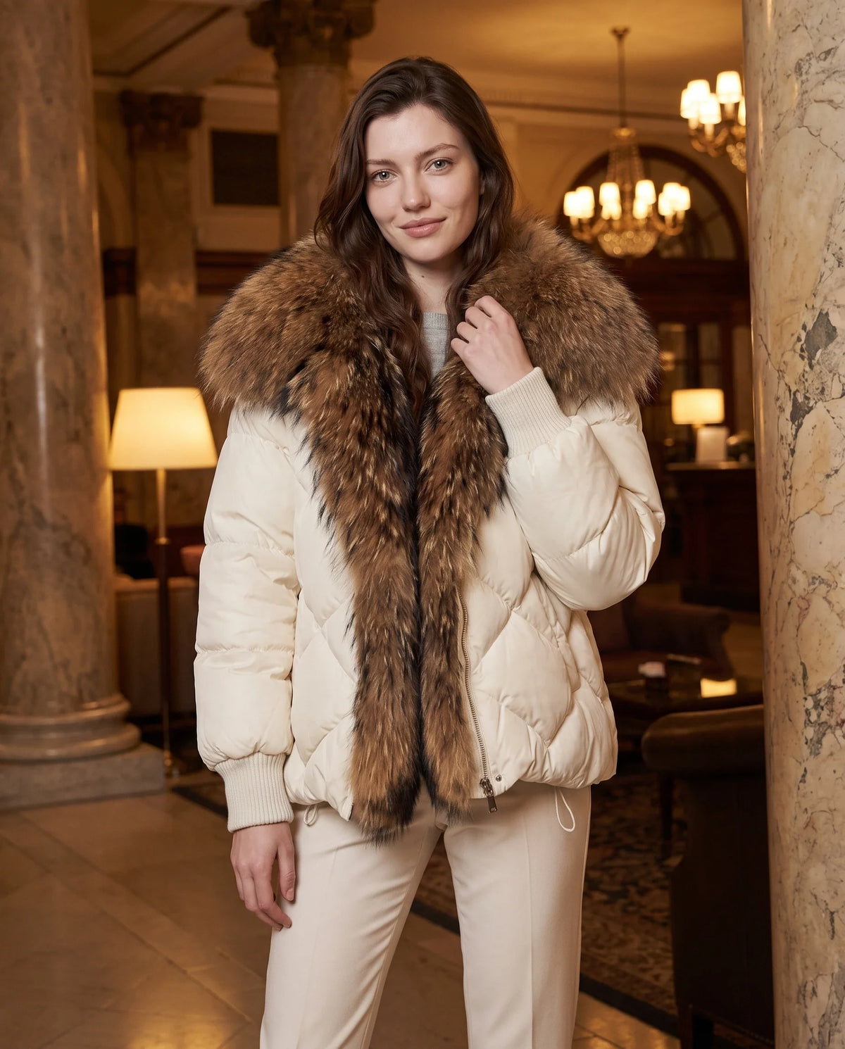Doudoune oversize à col châle fausse fourrure