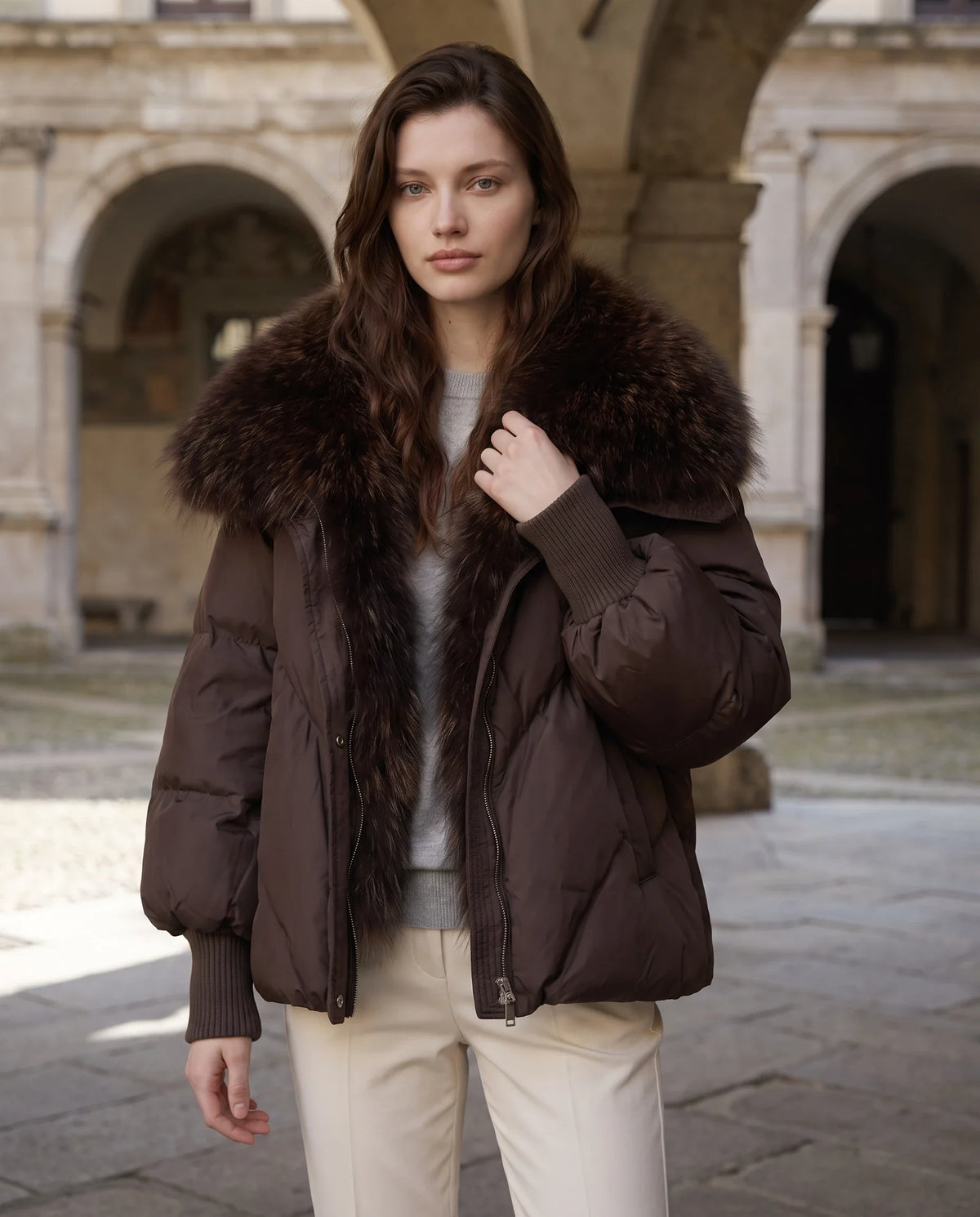 Doudoune oversize à col châle fausse fourrure