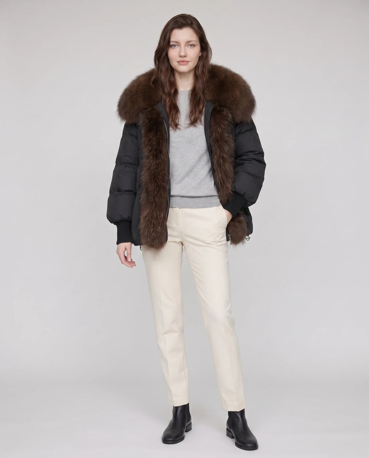 Doudoune oversize à col châle fausse fourrure