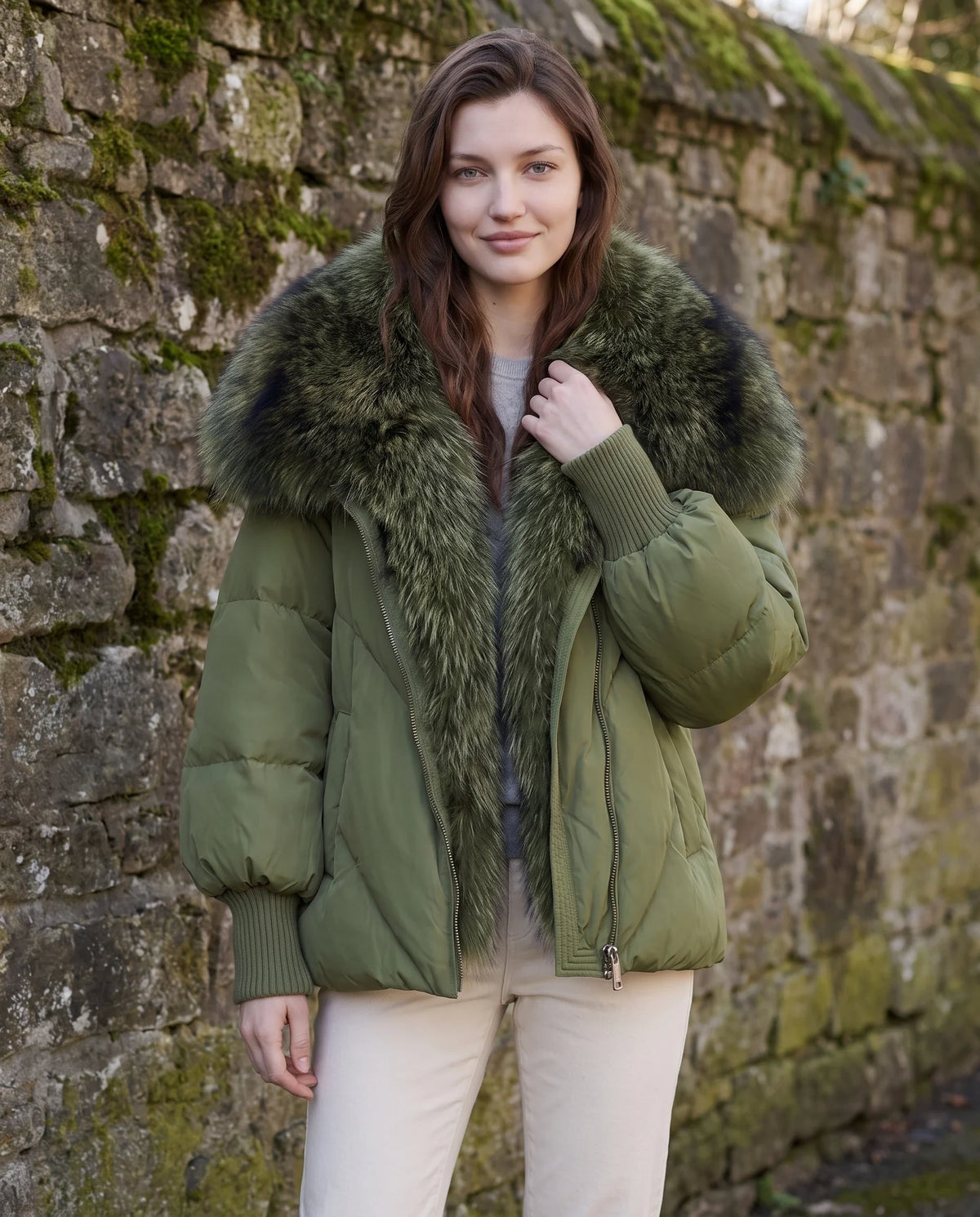 Doudoune oversize à col châle fausse fourrure