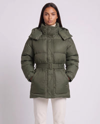Doudoune oversize mi-cuisse à capuche et ceinture