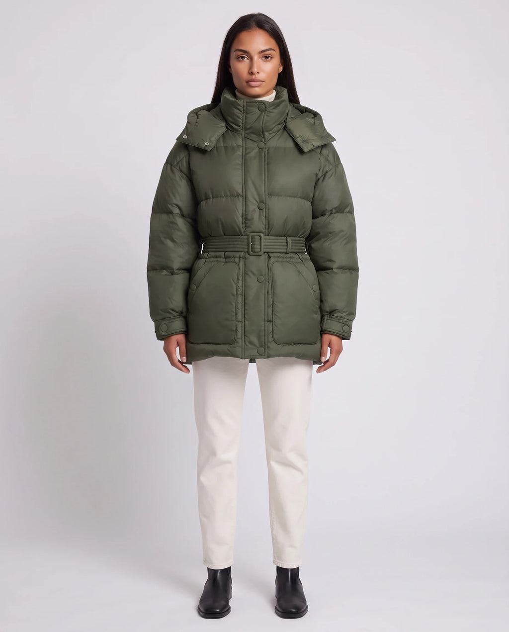 Doudoune oversize mi-cuisse à capuche et ceinture
