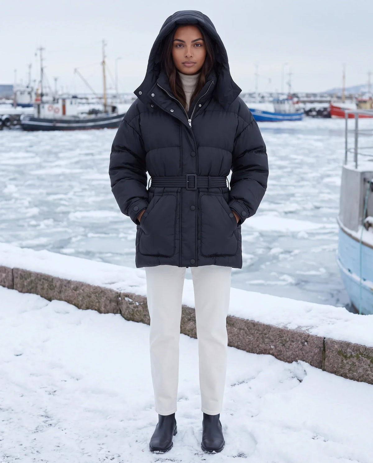 Doudoune oversize mi-cuisse à capuche et ceinture