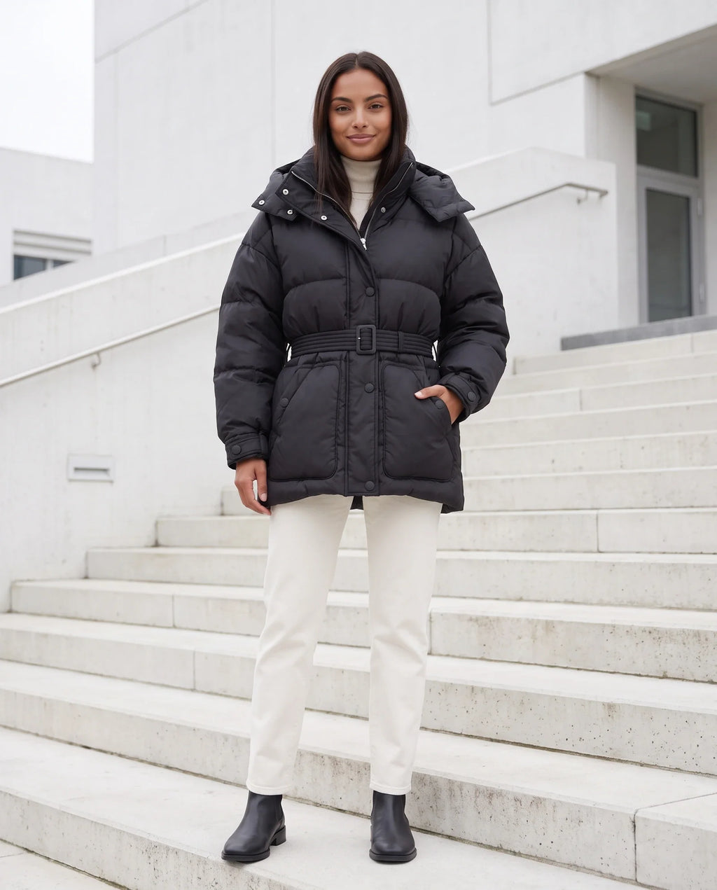 Doudoune oversize mi-cuisse à capuche et ceinture