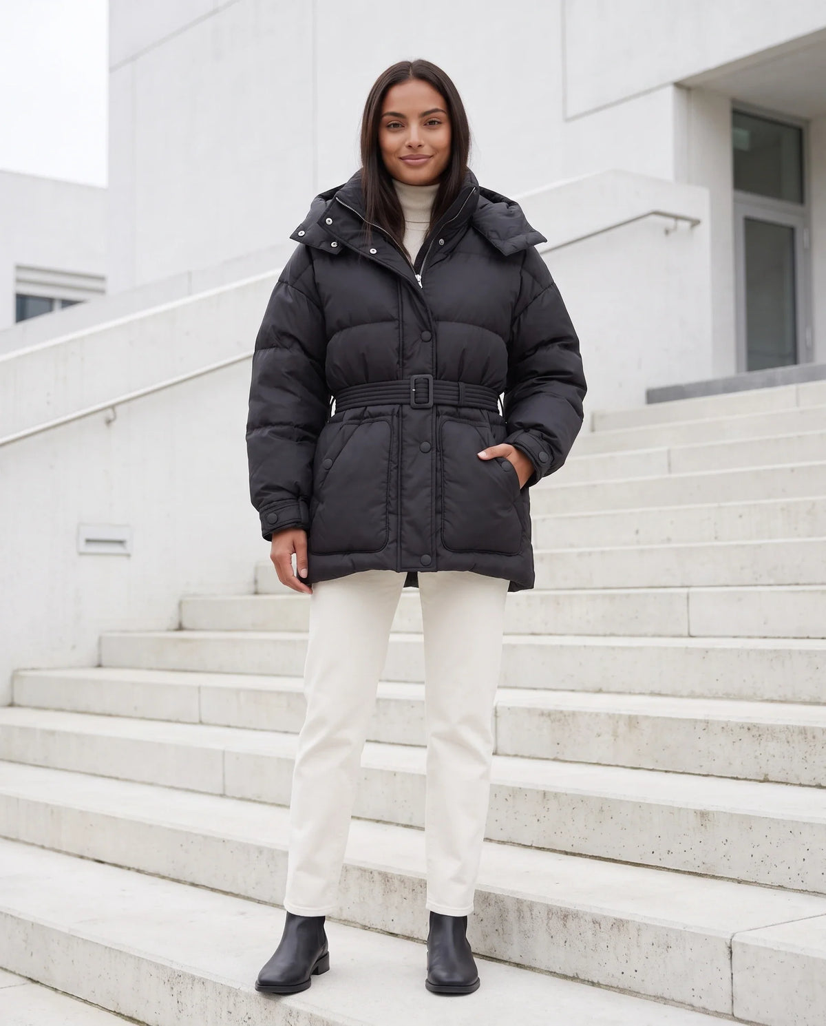 Doudoune oversize mi-cuisse à capuche et ceinture
