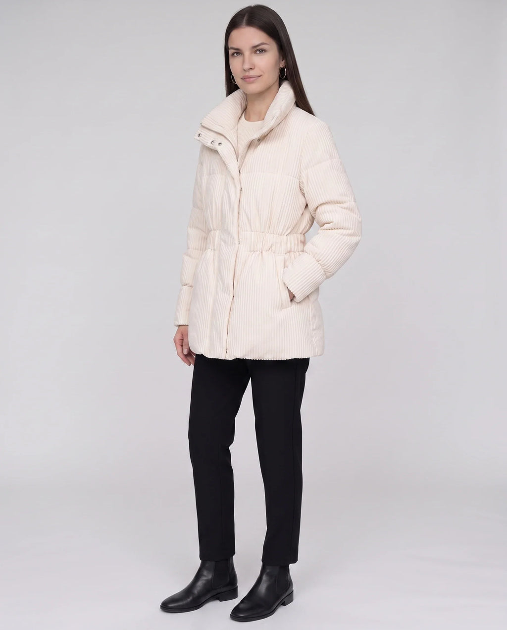 Doudoune mi-longue plissée à taille coulissée