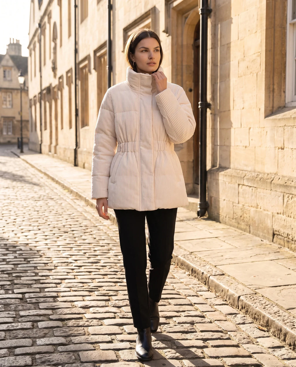 Doudoune mi-longue plissée à taille coulissée