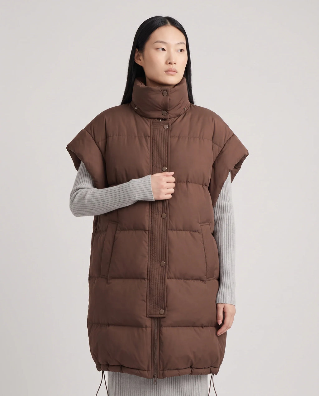 Doudoune sans manches longue oversize à patte plissée