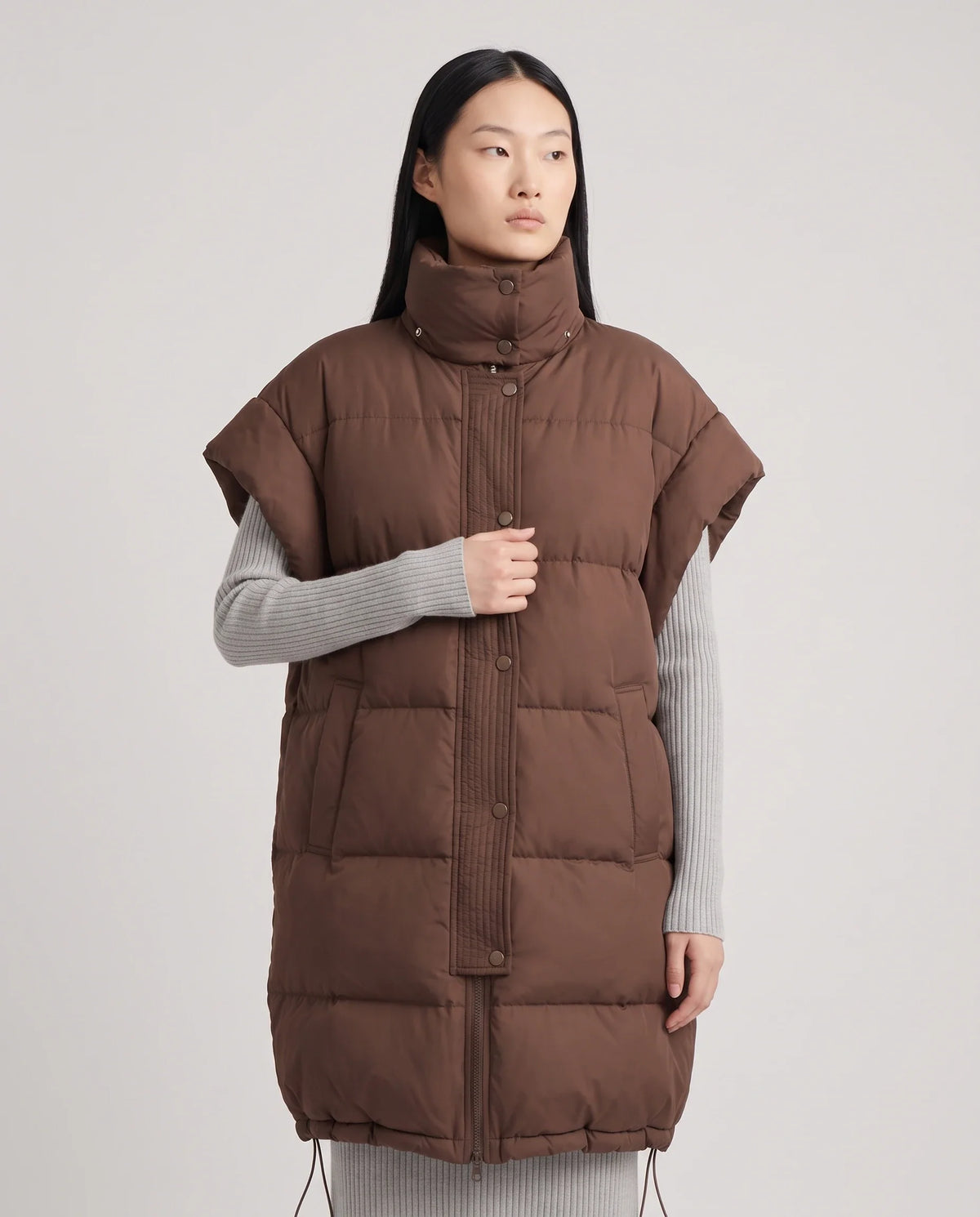 Doudoune sans manches longue oversize à patte plissée