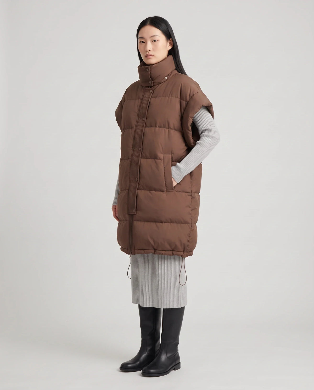 Doudoune sans manches longue oversize à patte plissée