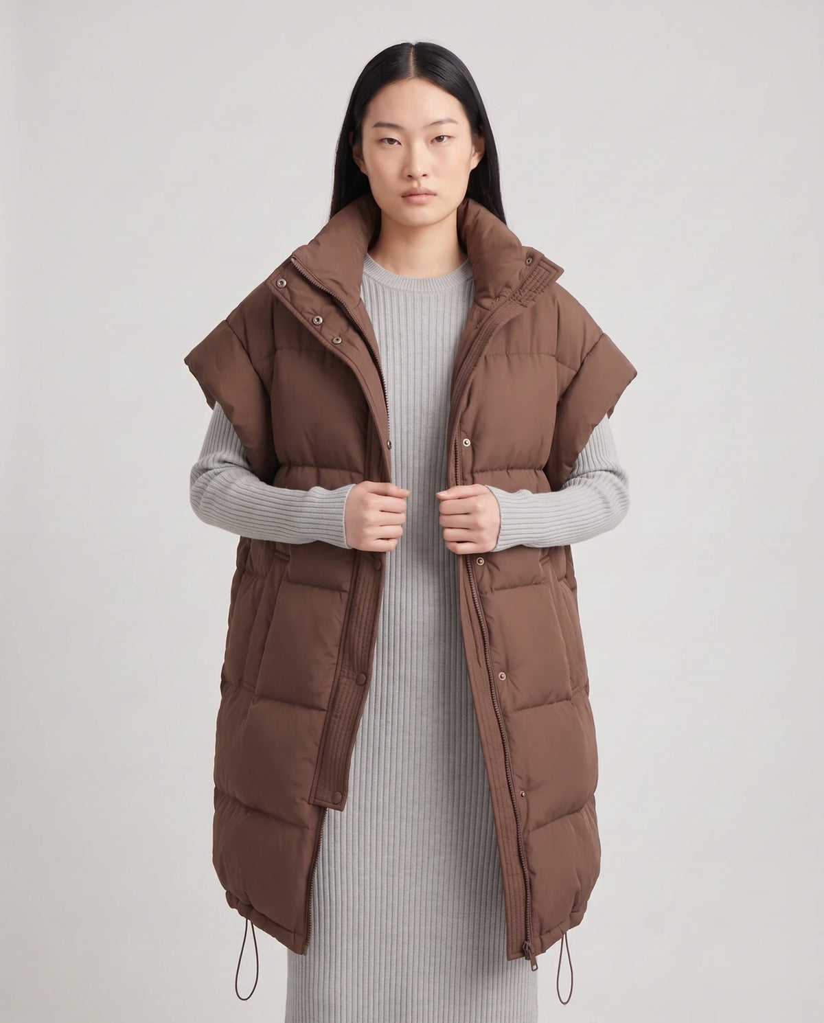 Doudoune sans manches longue oversize à patte plissée