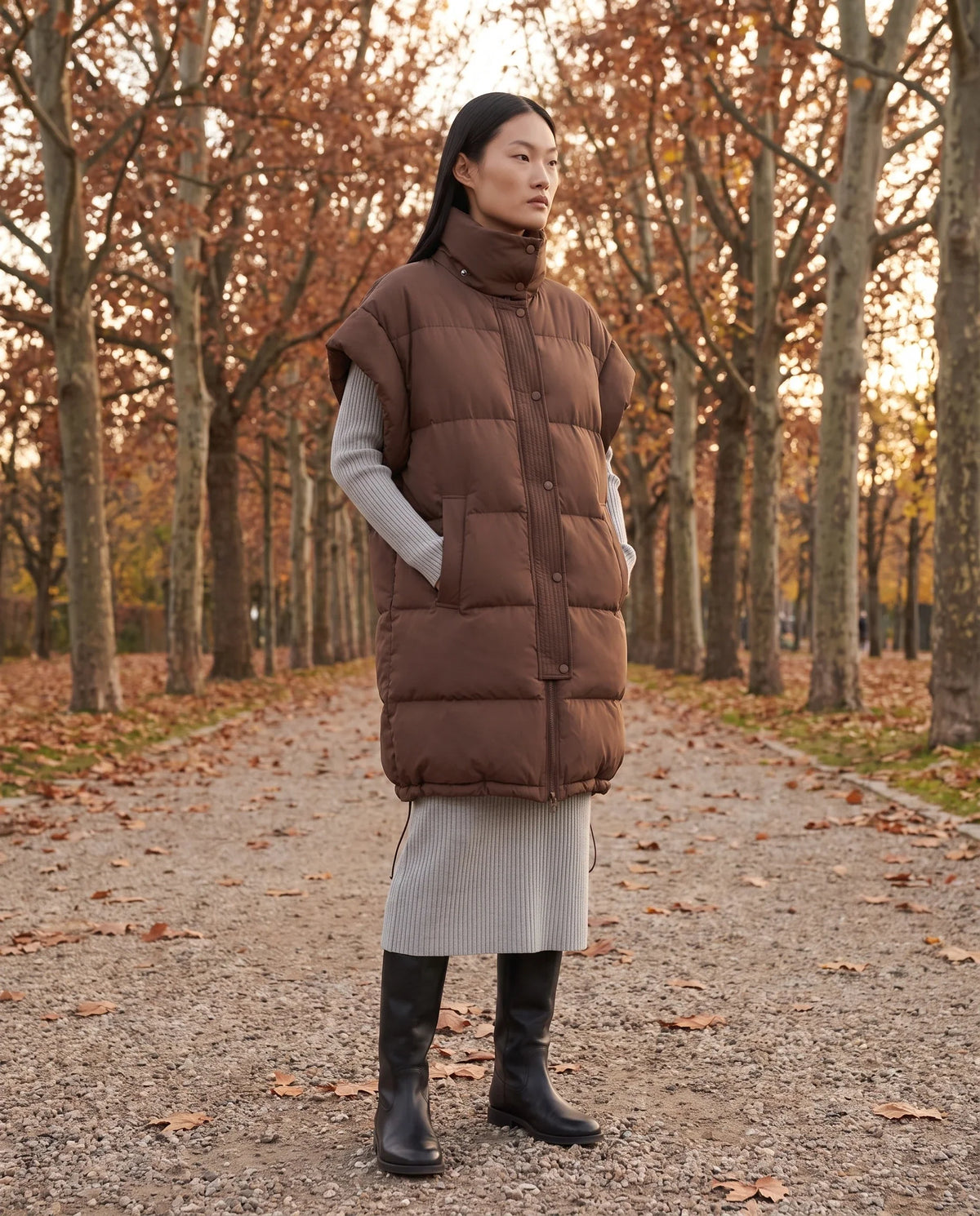 Doudoune sans manches longue oversize à patte plissée