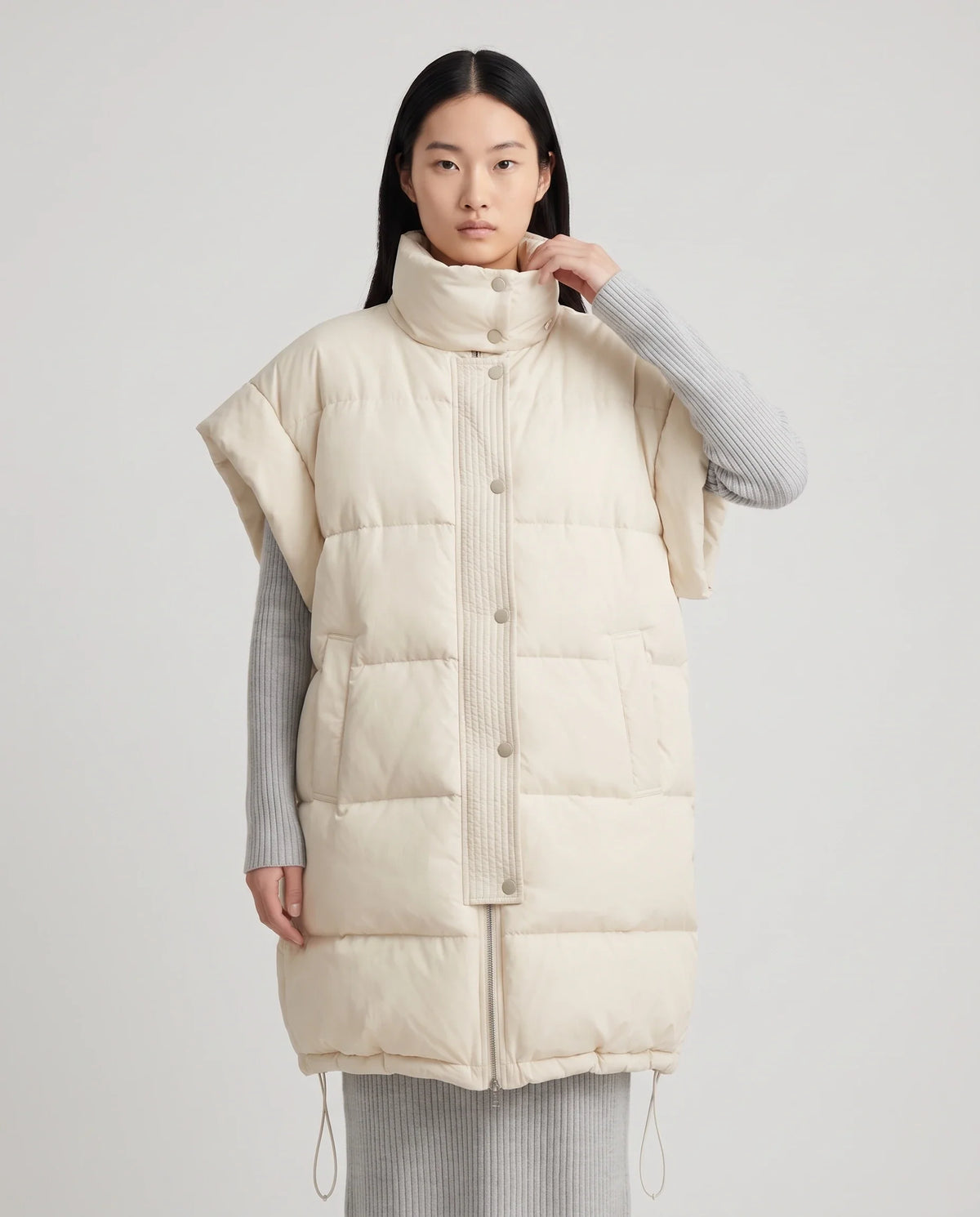 Doudoune sans manches longue oversize à patte plissée
