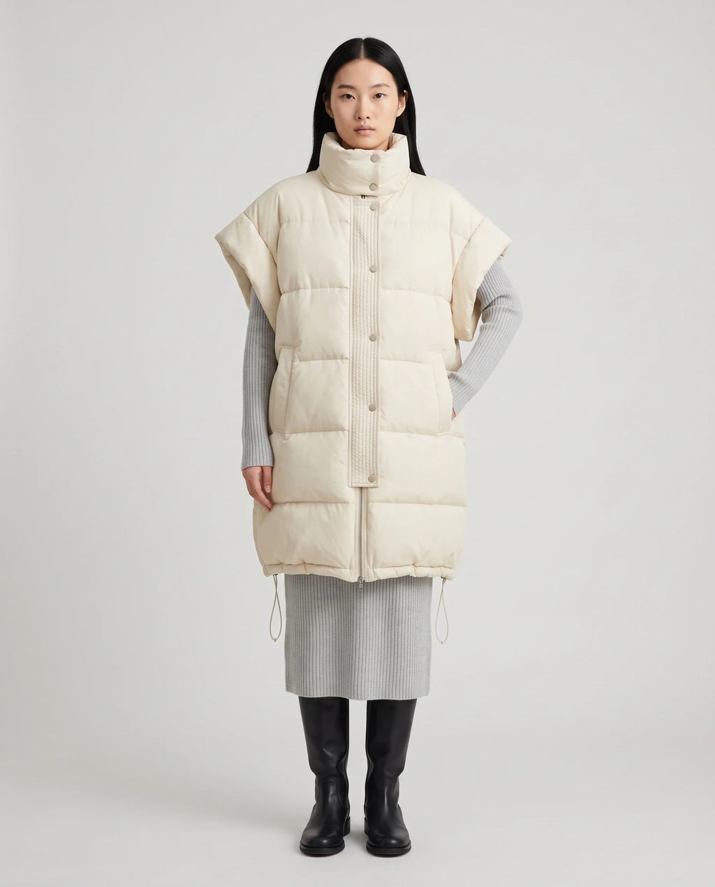 Doudoune sans manches longue oversize à patte plissée