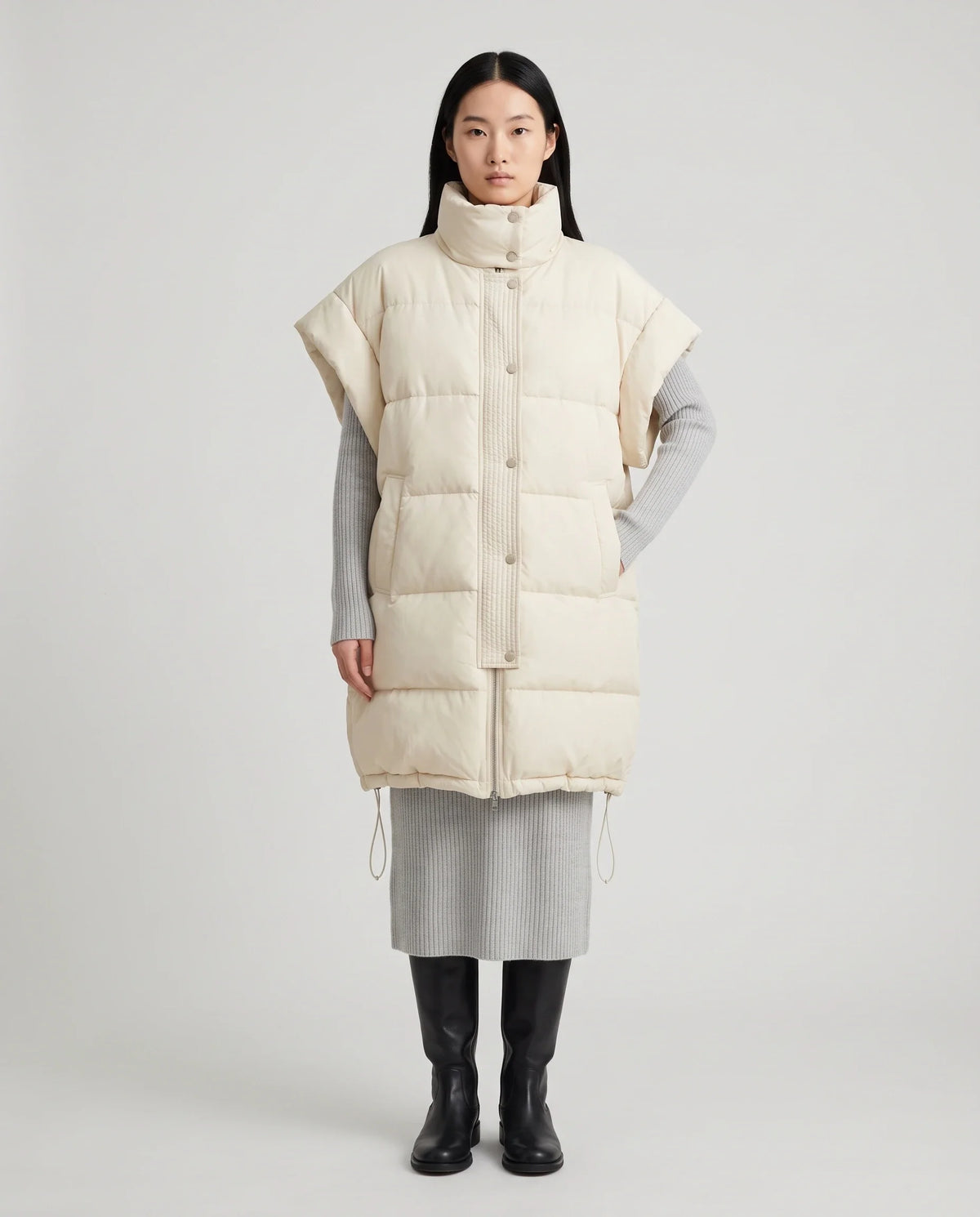 Doudoune sans manches longue oversize à patte plissée