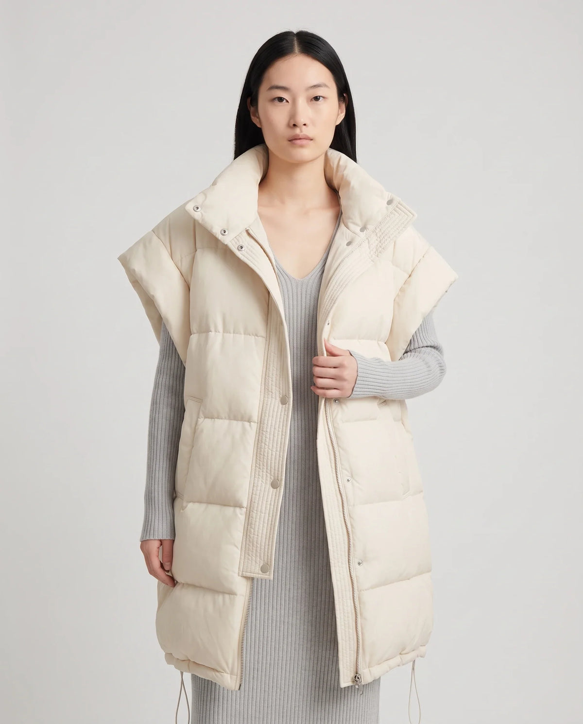 Doudoune sans manches longue oversize à patte plissée