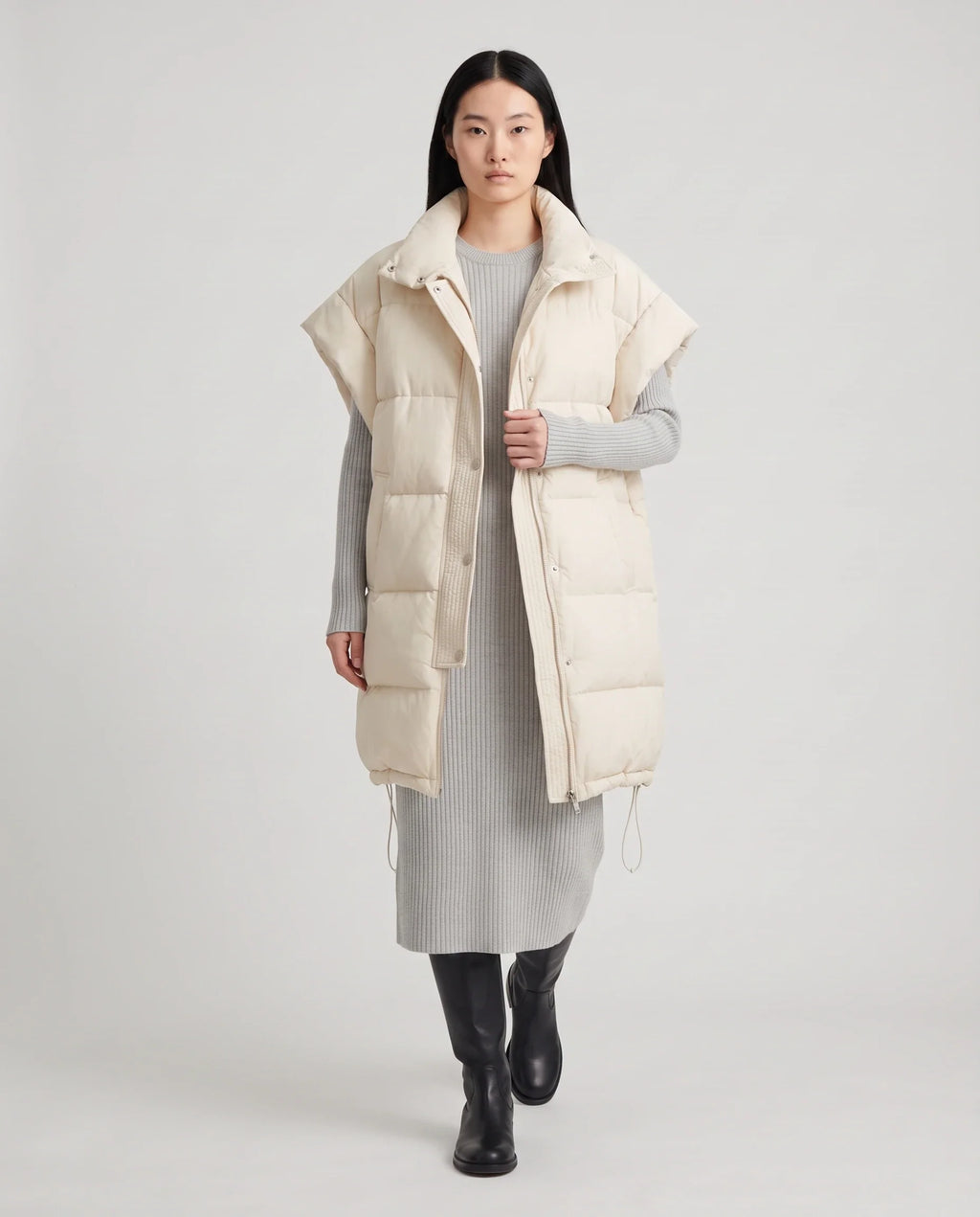 Doudoune sans manches longue oversize à patte plissée