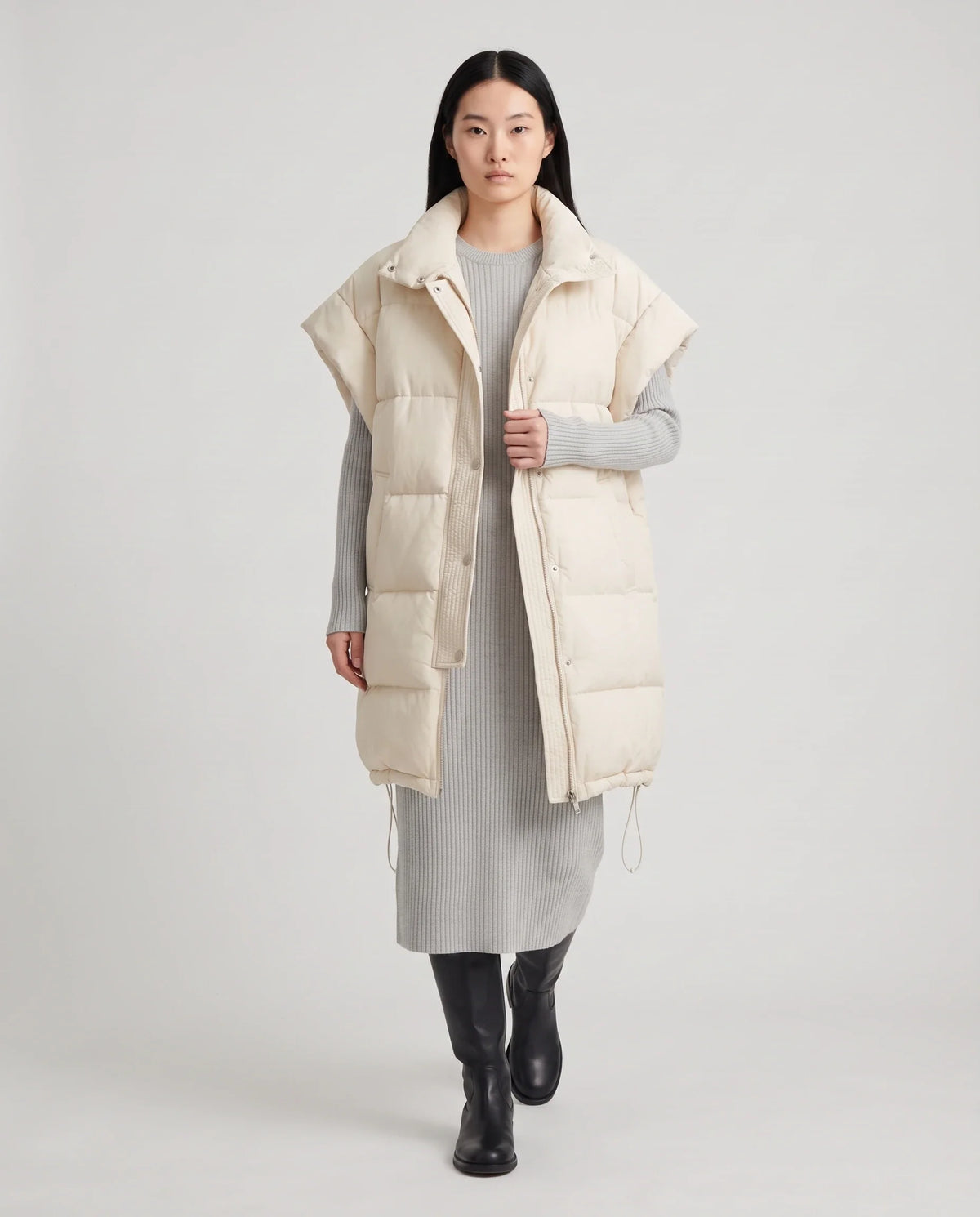 Doudoune sans manches longue oversize à patte plissée
