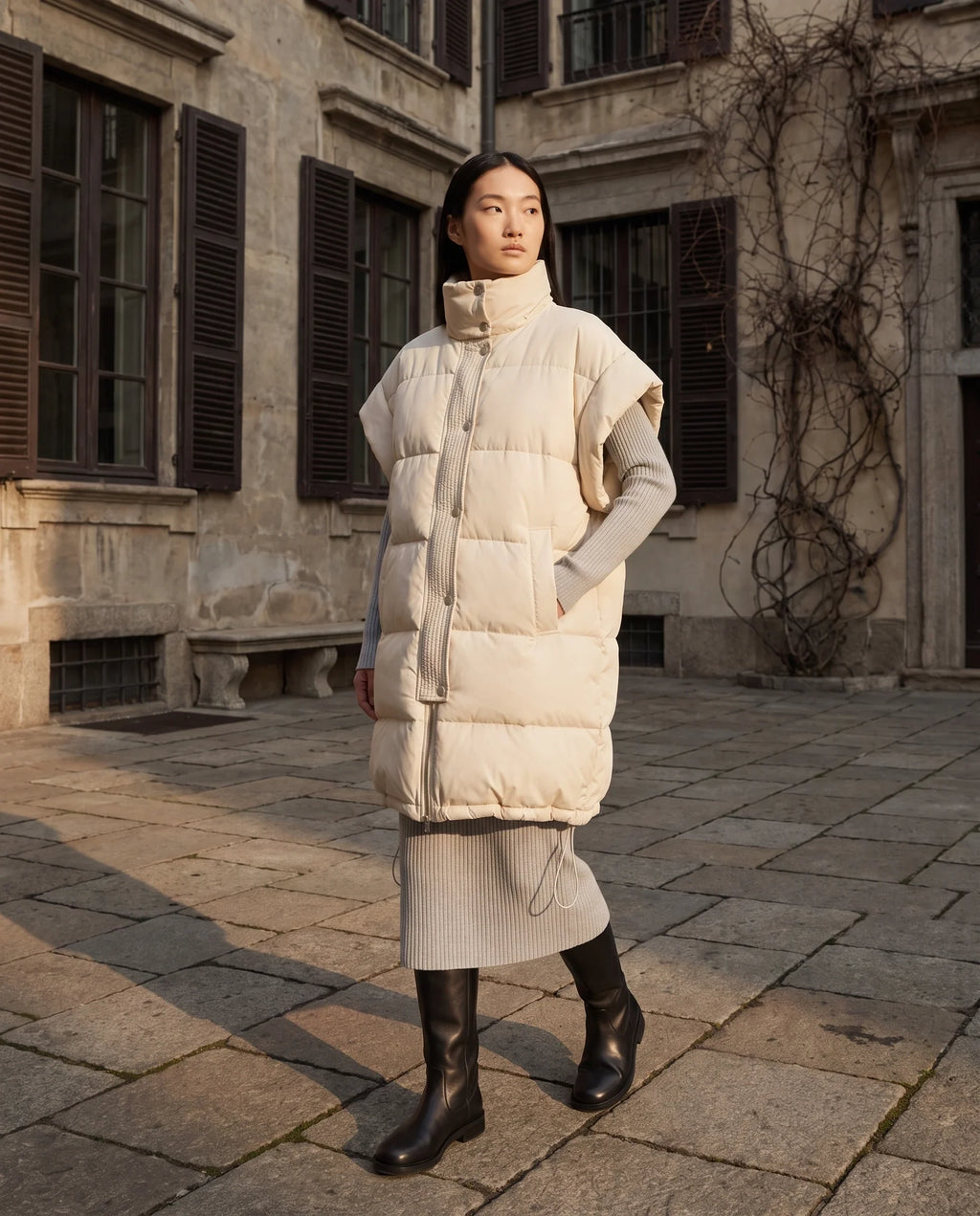 Doudoune sans manches longue oversize à patte plissée