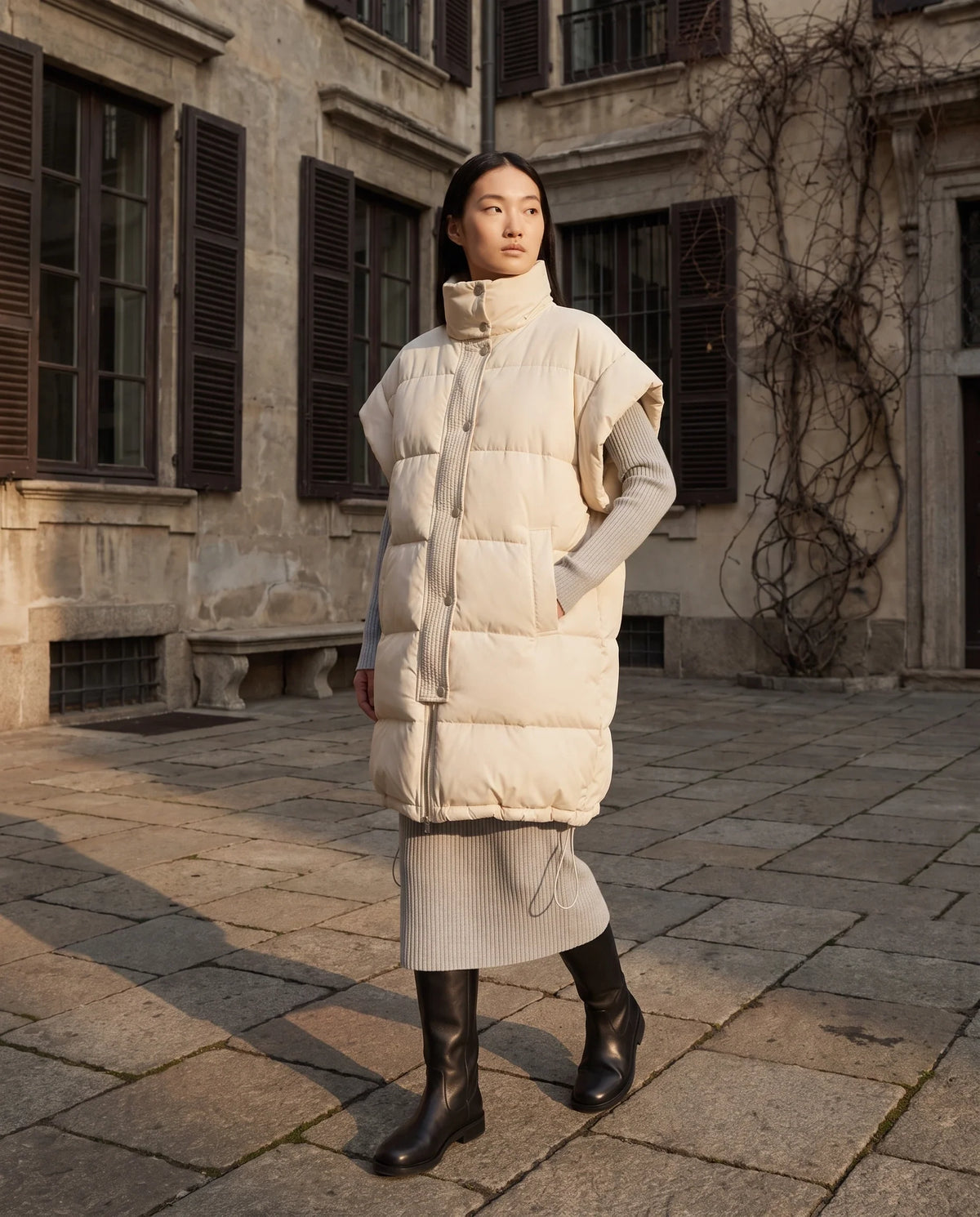 Doudoune sans manches longue oversize à patte plissée