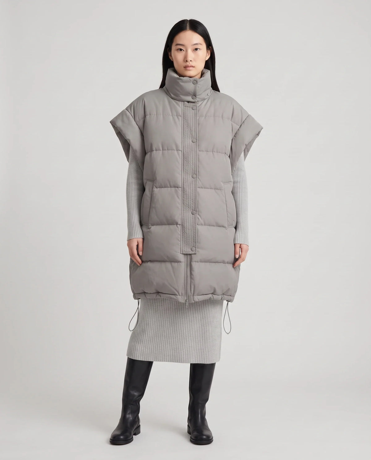 Doudoune sans manches longue oversize à patte plissée