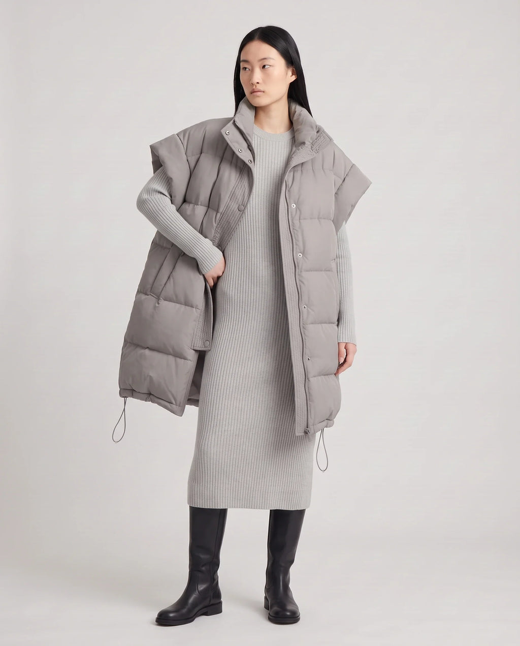 Doudoune sans manches longue oversize à patte plissée