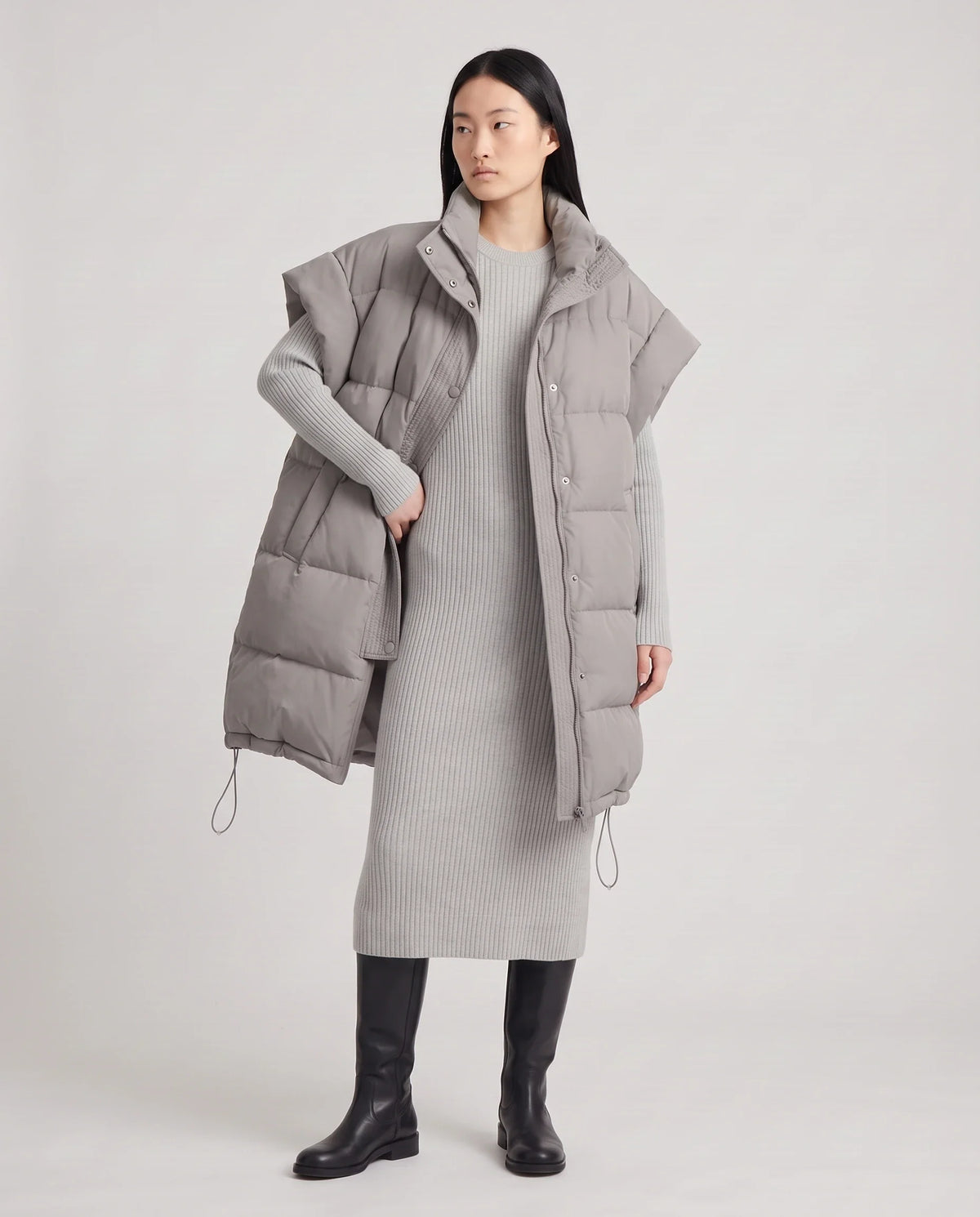Doudoune sans manches longue oversize à patte plissée