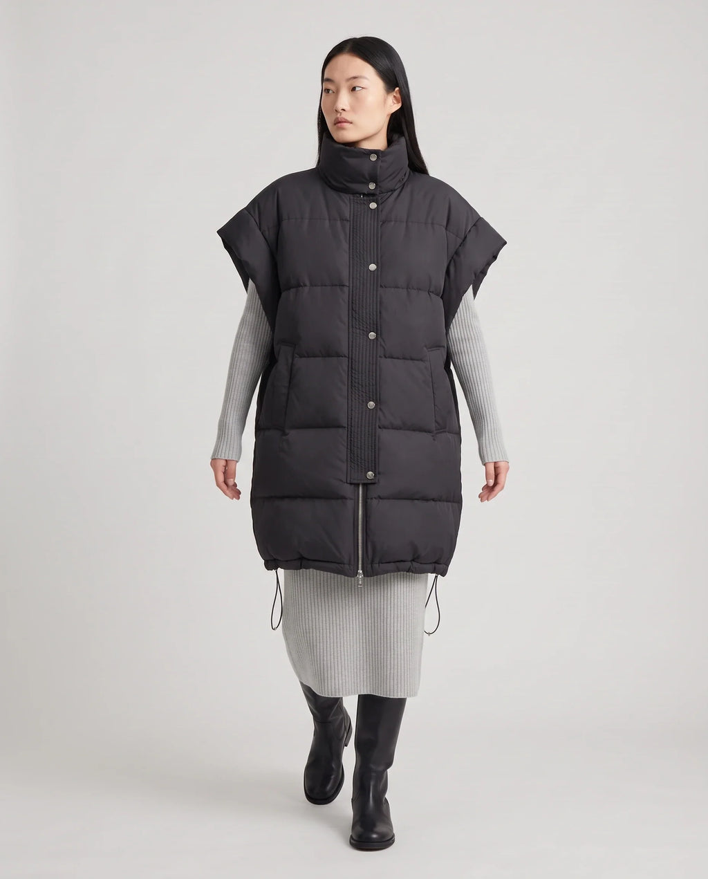 Doudoune sans manches longue oversize à patte plissée
