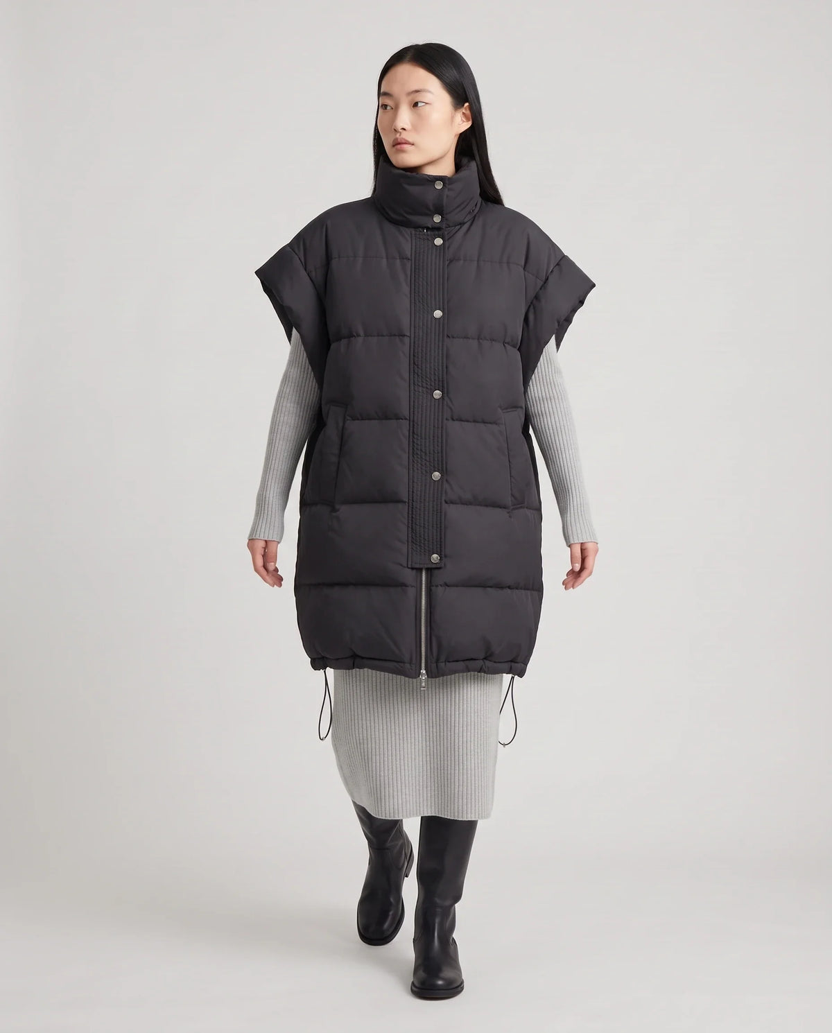 Doudoune sans manches longue oversize à patte plissée