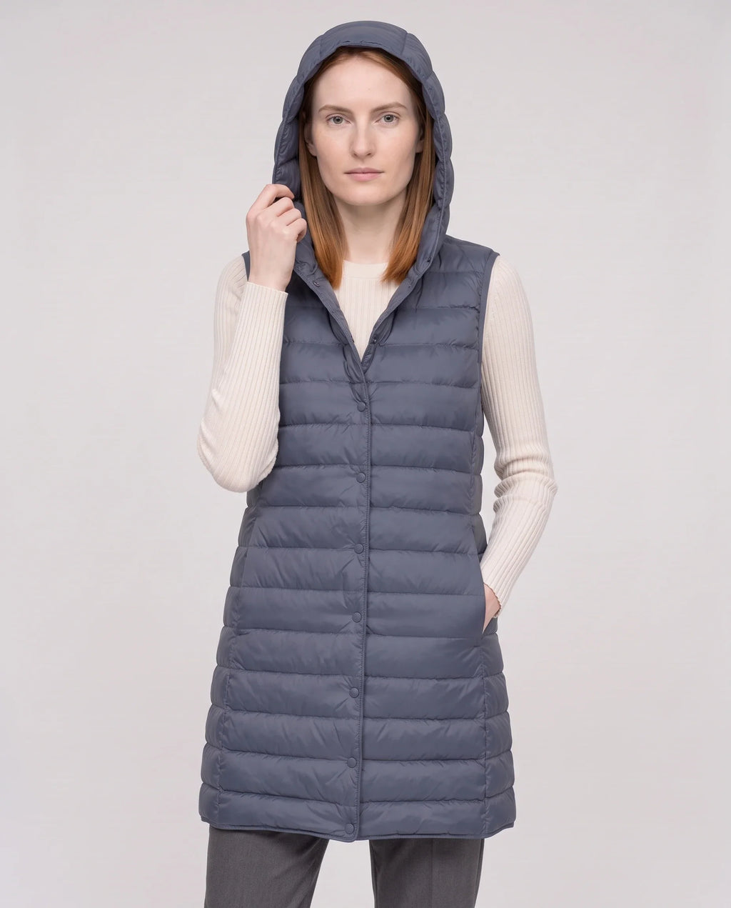 Gilet long sans manches matelassé à capuche