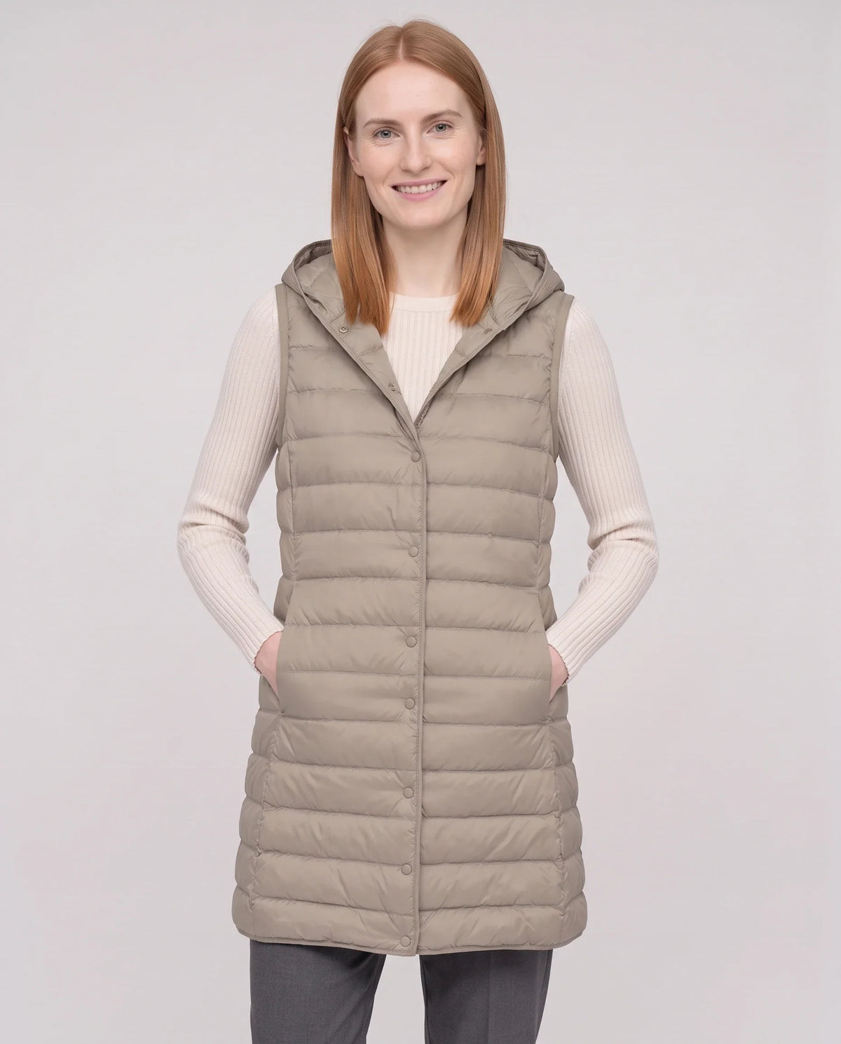 Gilet long sans manches matelassé à capuche