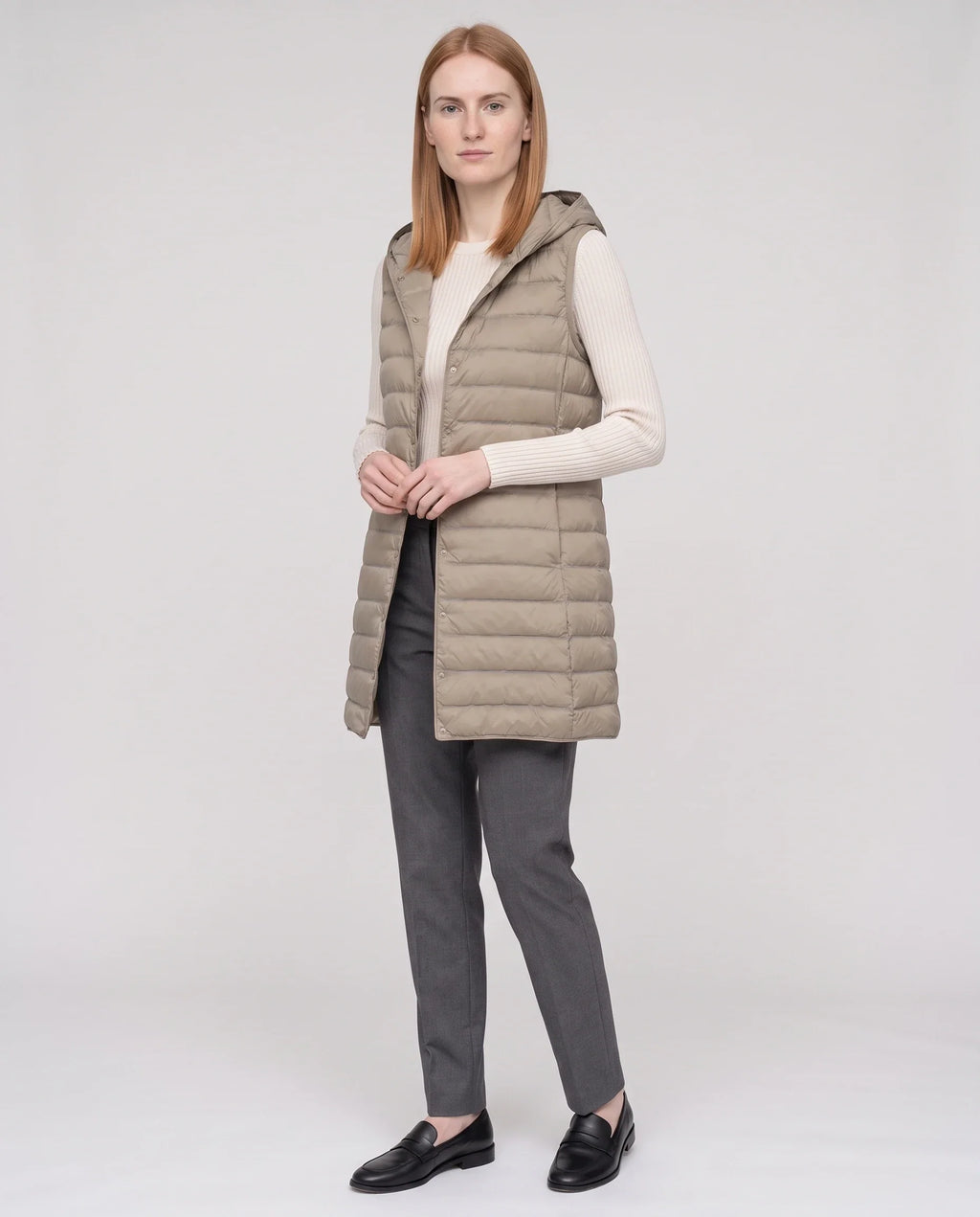 Gilet long sans manches matelassé à capuche