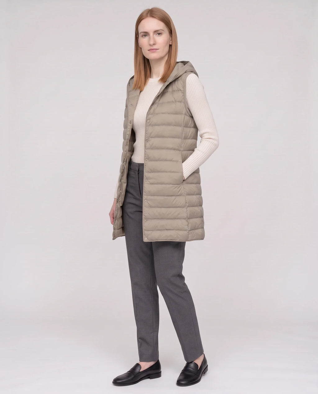 Gilet long sans manches matelassé à capuche