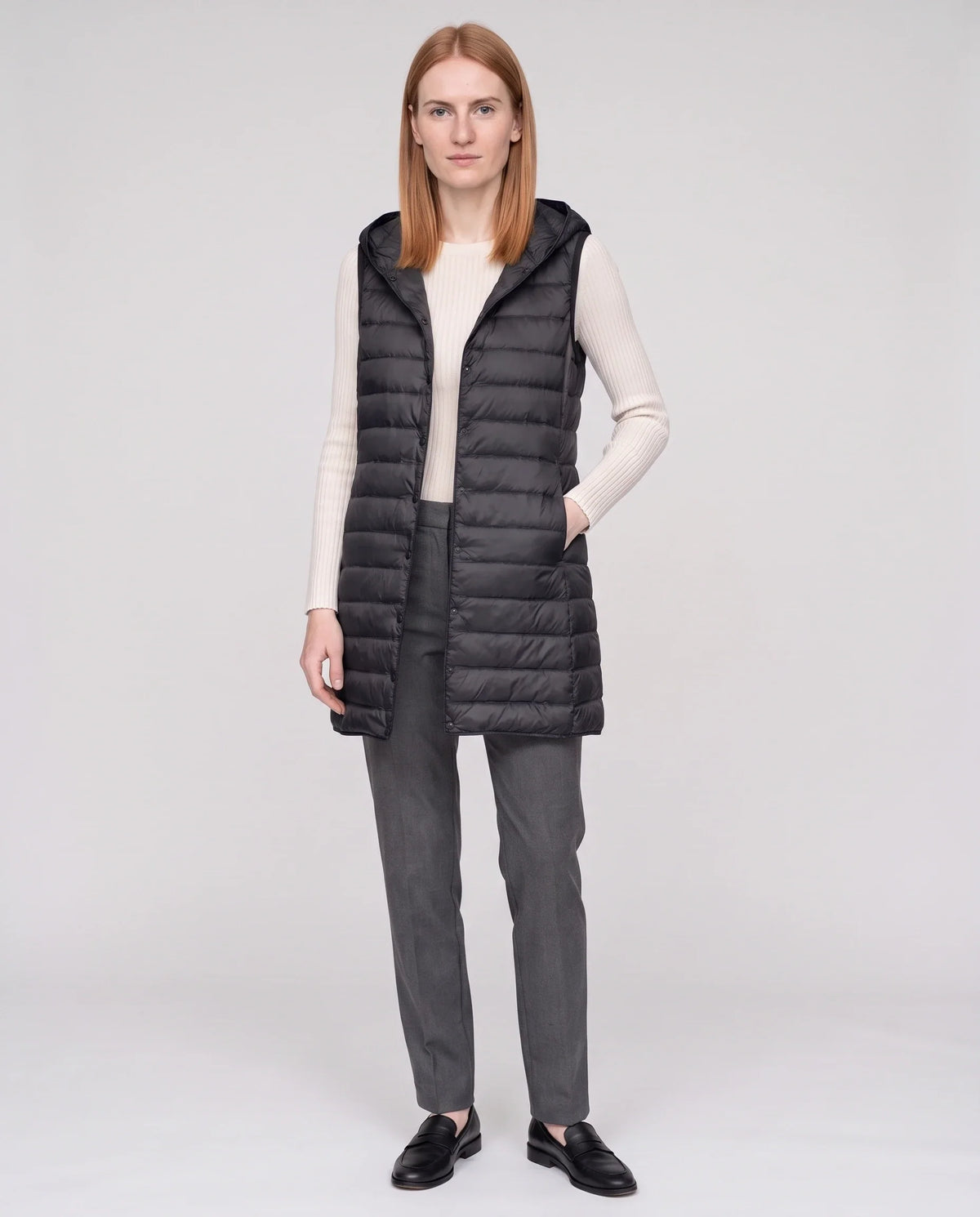 Gilet long sans manches matelassé à capuche