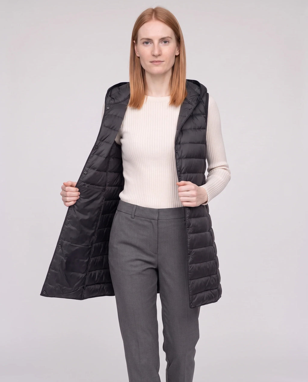 Gilet long sans manches matelassé à capuche