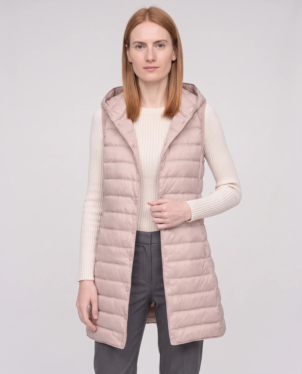 Gilet long sans manches matelassé à capuche