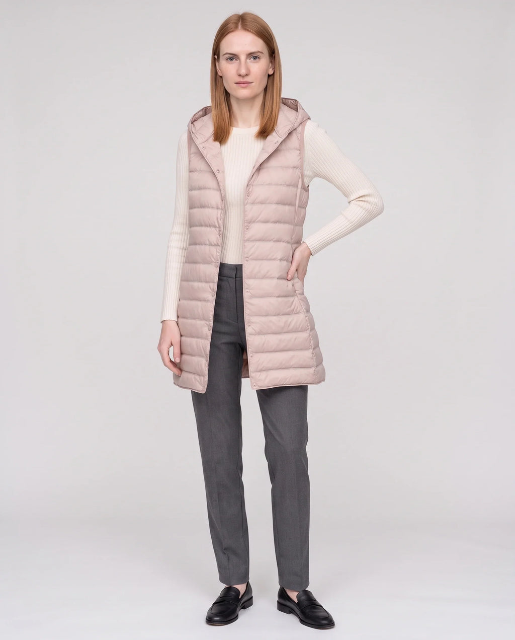 Gilet long sans manches matelassé à capuche