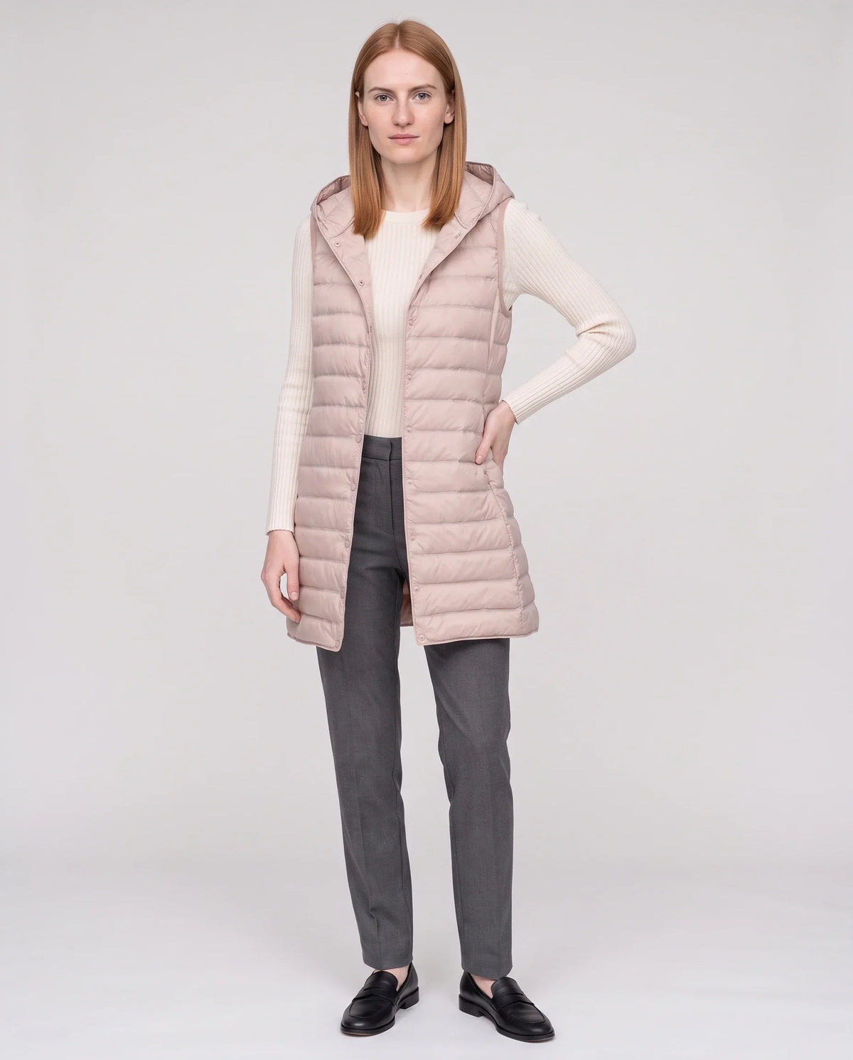 Gilet long sans manches matelassé à capuche