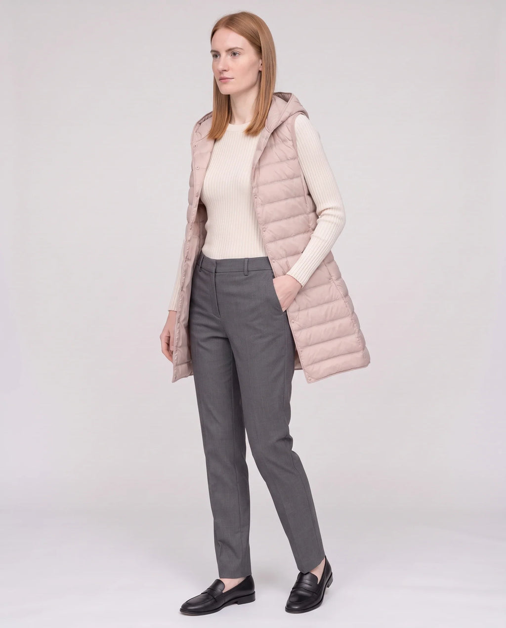Gilet long sans manches matelassé à capuche