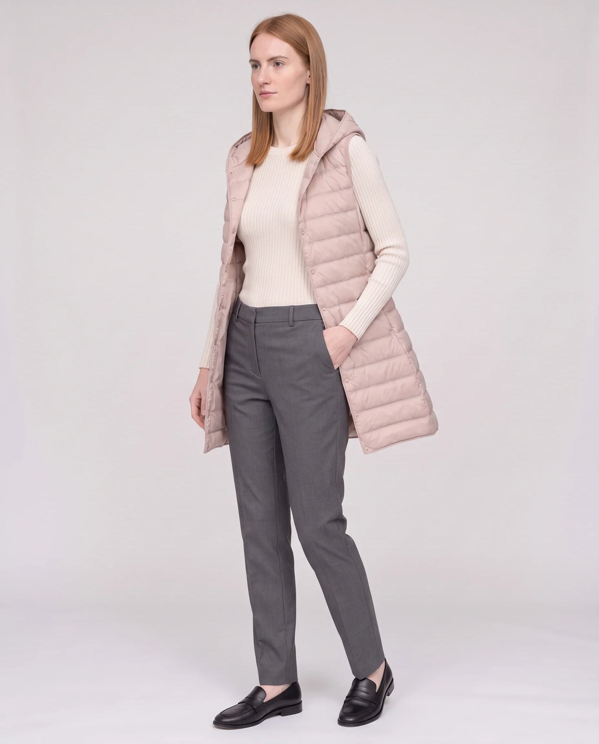 Gilet long sans manches matelassé à capuche